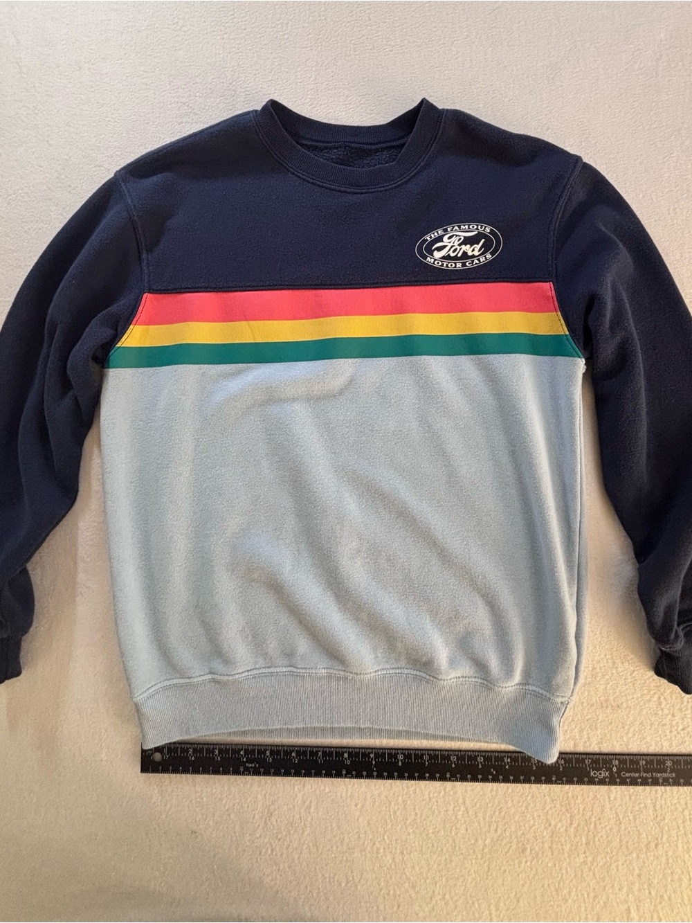 Ford Crewneck Sweater in Navy, Light Blue with Red, Yellow & Green Stripes